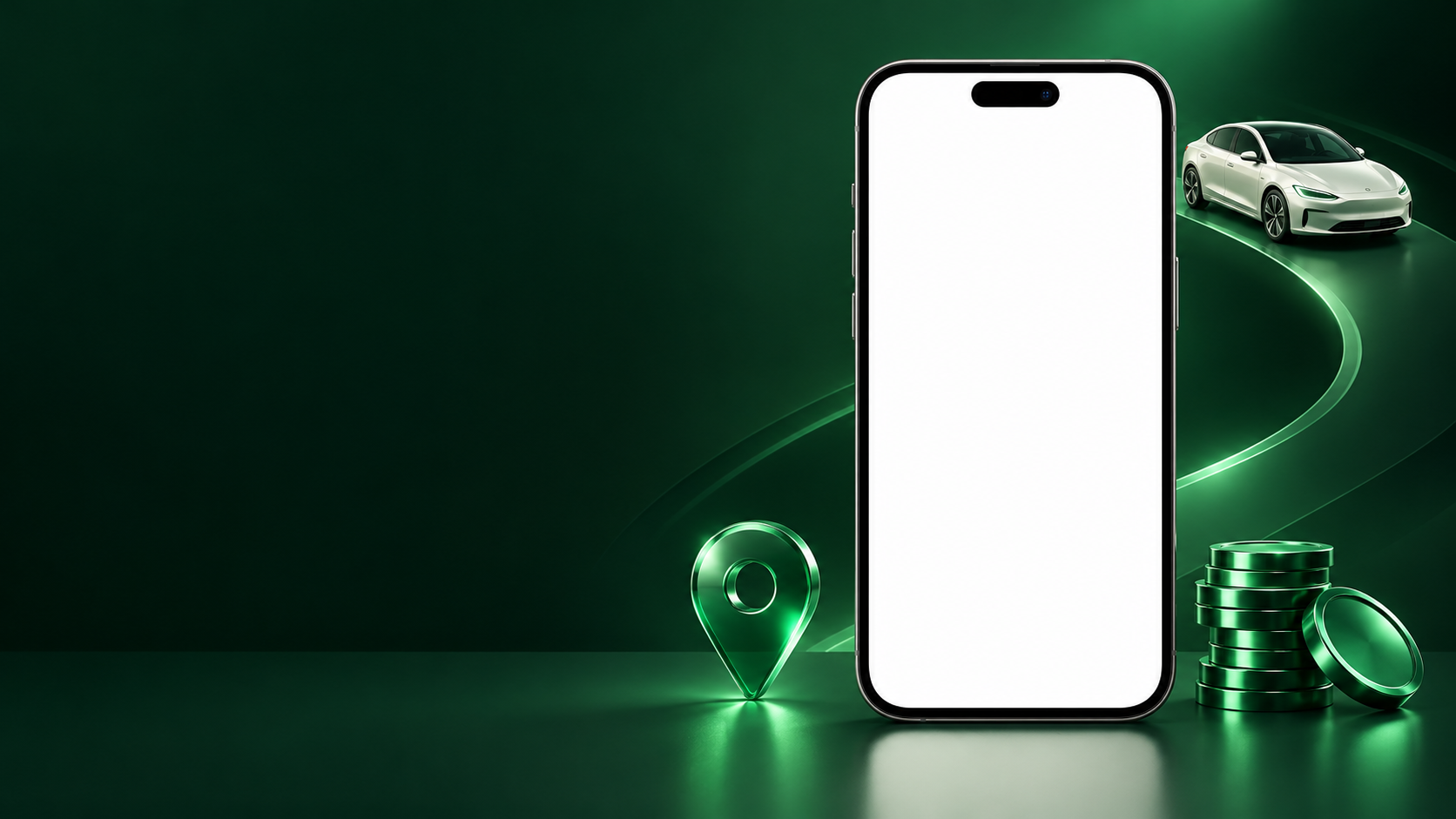 iPhone макеті, жасыл 3D мекенжай белгісі, көлік және монеталар