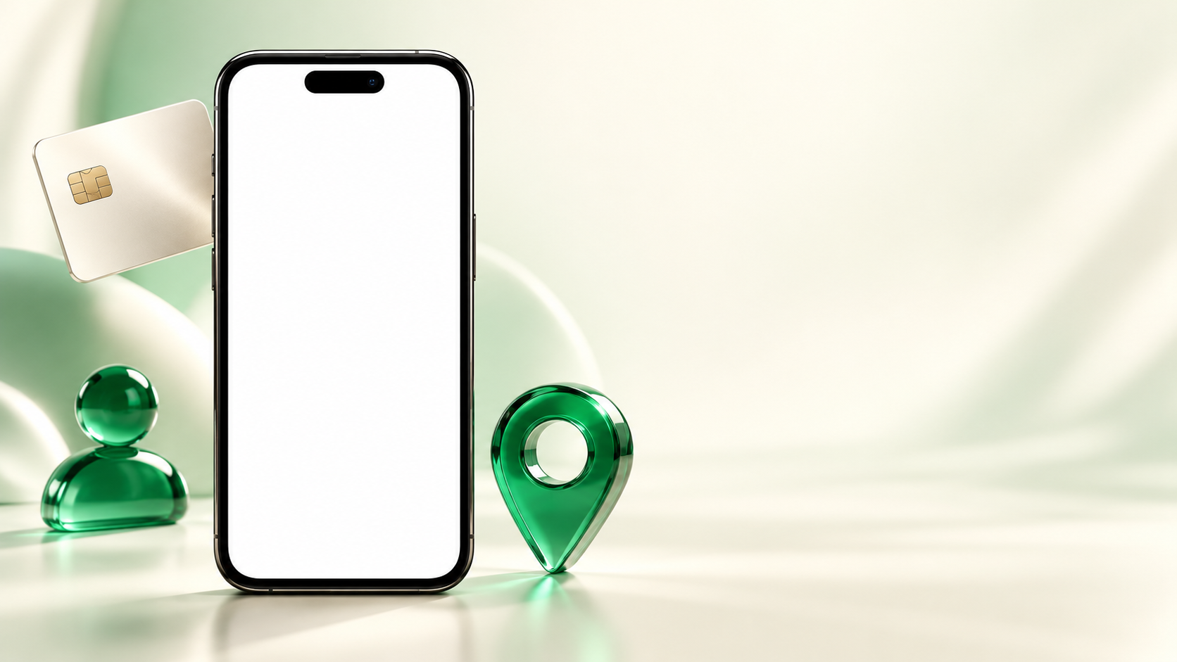 Ақ фонда iPhone, жасыл 3D профиль және карта белгілері